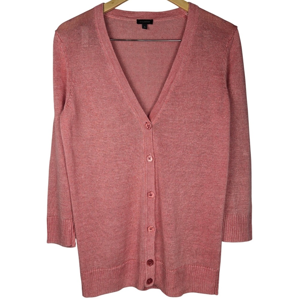 Talbots Womens Medium Pink 100% Linen V-Neck Button Front Cardigan Sweater